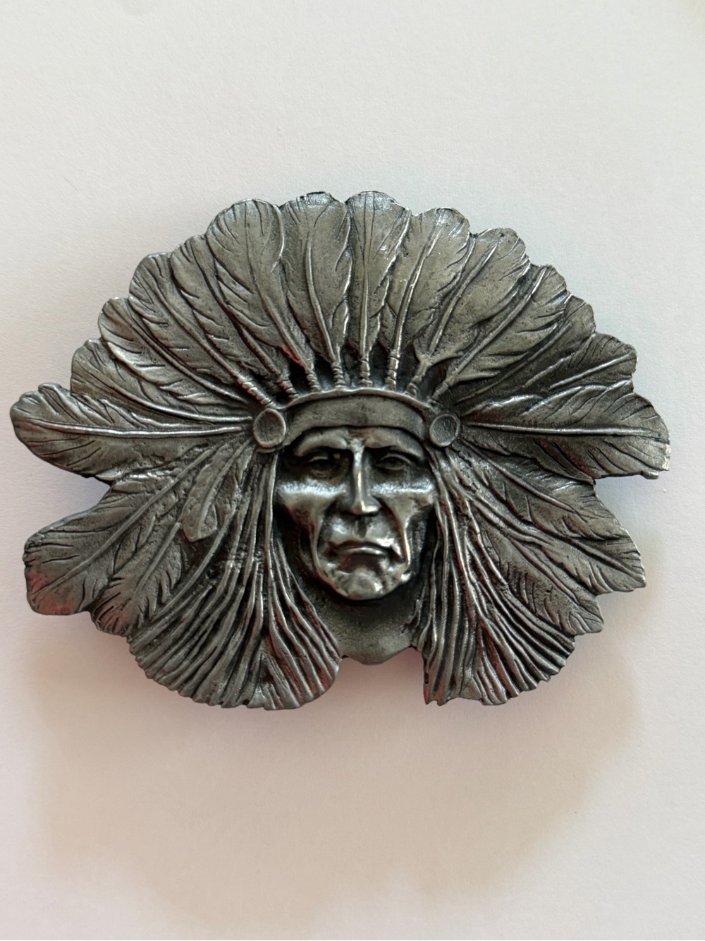 Vintage 1970s Bouwerie Lane Craft Guild Pewter Indian Chief Belt Buckle #574